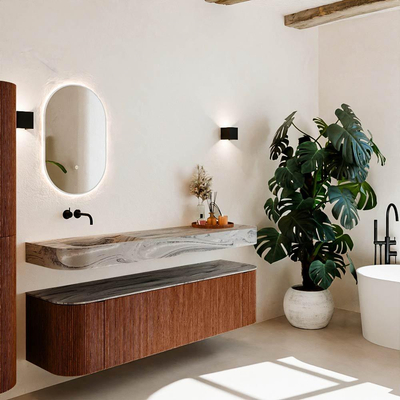 MONDIAZ THOR-DLUX 170cm meuble de salle de bains arrondi gauche + droite couleur Ruby avec 1 tiroir et 2 portes. Vasque suspendue CLOUD Gauche sans trou de robinet couleur Sombra.