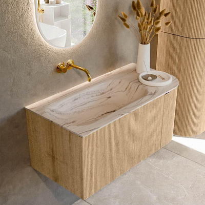MONDIAZ KURVE-DLUX Meuble de salle de bains 95cm arrondi à droite couleur Chêne avec 1 tiroir et 1 porte. Lavabo BIG SMALL à gauche sans trou de robinet Nata.