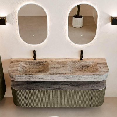 MONDIAZ THOR-DLUX 160cm meuble de salle de bains arrondi gauche + droite couleur Shadow avec 1 tiroir et 2 portes. Vasque suspendue CLOUD Double 2 trous de robinet couleur Oza.