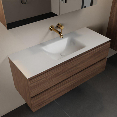 Mondiaz AIVY Ensemble de meuble - 120x45x50cm - 0 trous de robinet - 1 vasque Talc Solid surface - Centre - 2 tiroirs - avec armoire de toilette - Melamine Mocha