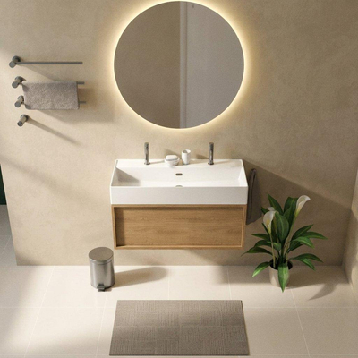 Saniclass Holz Frame Ensemble de meubles de salle de bains - 100x45x52cm - Legend lavabo en céramique blanc - 1 vasque - 2 trous de robinetterie - 1 tiroir - chêne natural mat (bois)