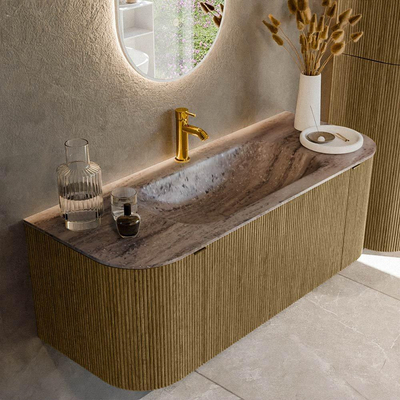 MONDIAZ KURVE-DLUX Meuble de salle de bains 120 cm arrondi Gauche + Droite couleur Dusk avec 1 tiroir et 2 portes. Lavabo BIG SMALL Central 1 trou de robinet Oza.