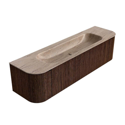 MONDIAZ KURVE-DLUX Meuble de salle de bains 170 cm arrondi gauche + droite couleur Walnut avec 1 tiroir et 2 portes. Lavabo BIG LARGE central 1 trou de robinet Saba.