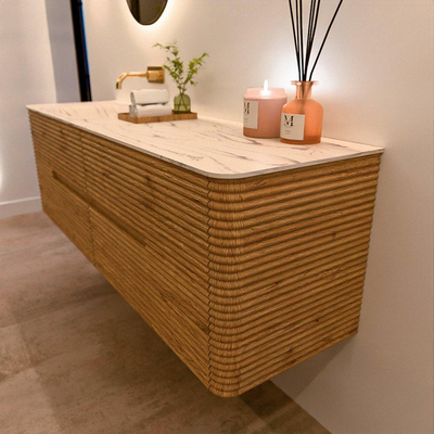 Mondiaz CIRO-DLUX Ensemble de meubles de salle de bains - 160x45x50cm - Plan vasque solid surface Nata - 1 lavabo à gauche - sans trous de robinet - 4 tiroirs - Chêne