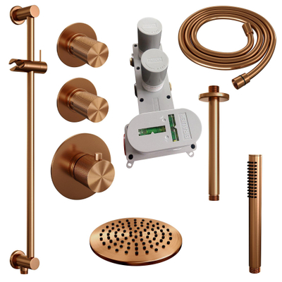 Brauer Copper Carving Regendoucheset inbouw - hoofddouche 20cm - plafondarm 20cm - 3 carving knoppen - handdouche staaf 1 stand - - PVD - geborsteld koper