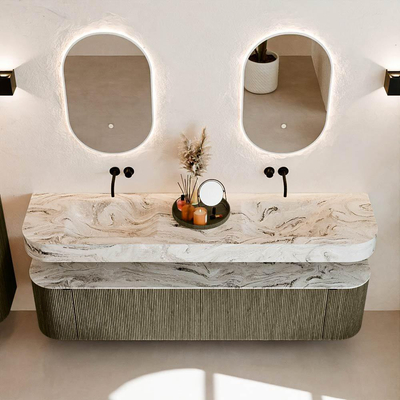 MONDIAZ THOR-DLUX 190cm meuble de salle de bains arrondi gauche + droite couleur Shadow avec 2 tiroirs et 2 portes. Vasque suspendue CLOUD Double sans trou de robinet couleur Glace.