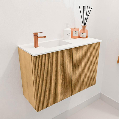 Mondiaz JOYA 60cm toiletmeubel - kleur Oak - Wastafel FAYE positie Links 1 kraangat kleur Talc.