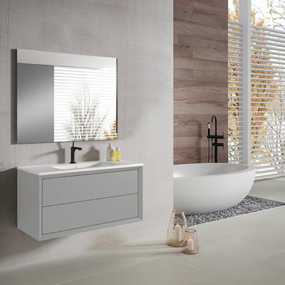 Adema Prime Core Ensemble de meuble - 100x50x45cm - 1 vasque ovale en céramique Blanc - 1 trous de robinet - 2 tiroirs - avec miroir rectangulaire - Greige mat (gris)