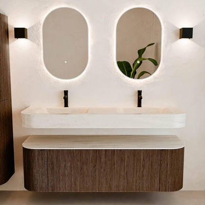 MONDIAZ THOR-DLUX 150cm meuble de salle de bains arrondi gauche + droite couleur Walnut avec 1 tiroir et 2 portes. Vasque suspendue CLOUD Double 2 trous de robinet couleur Meli.