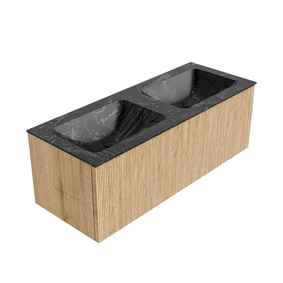 MONDIAZ KURVE-DLUX 120cm Meuble salle de bain - couleur Oak - 1 tiroir - vasque LEAF double - 2 trous de robinet - couleur Lava