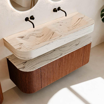 MONDIAZ THOR-DLUX 130cm meuble de salle de bains arrondi gauche + droite couleur Ruby avec 1 tiroir et 2 portes. Vasque suspendue CLOUD Double sans trou de robinet couleur Nata.