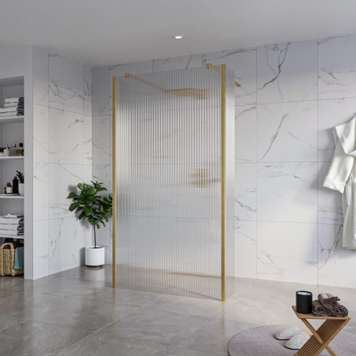 Fortifura Galeria Douche à l'italienne - 110x200cm - verre clair nervuré - anticalcaire - verre de sécurité 8mm - 2 parois latérales 30cm - avec bras muraux et profilés d'angle - Laiton brossé (doré)