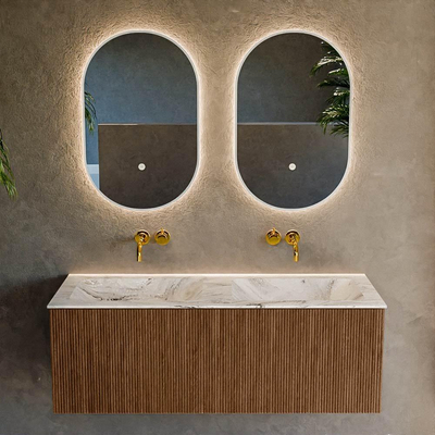 MONDIAZ KURVE-DLUX 120cm Meuble salle de bain - couleur Walnut - 1 tiroir - vasque LEAF double - sans trou de robinet - couleur Glace