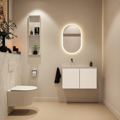 MONDIAZ TURE-DLUX Meuble toilette - 80cm - Talc - EDEN - vasque Opalo - position gauche - sans trou de robinet