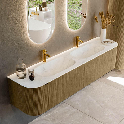 Ensemble de meuble de salle de bain Mondiaz KURVE-DLUX - 190x46x40cm - 2 tiroirs - 2 portes - lavabo en solid surface - double - 2 trous de robinet - Dusk