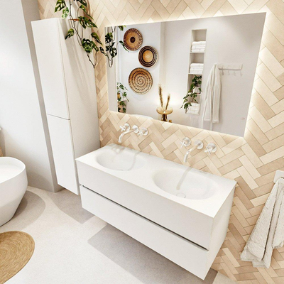 MONDIAZ VICA meuble sous lavabo 120cm Talc 2 tiroirs. Lavabo MOON double sans trou de robinet, couleur Talc.