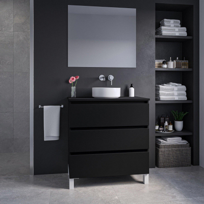 Saniclass Chaci PLUS Meuble de salle de bain - 80x86x46cm - vasque - plan de toilette - 3 tiroirs - noir mat