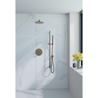 Fortifura Calvi Inbouw Regendoucheset - rond - thermostatisch - wandarm - glijstang - 25cm - hoofddouche - staaf handdouche - gladde slang - PVD - geborsteld koper