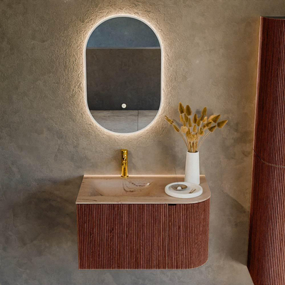 MONDIAZ KURVE-DLUX Meuble de salle de bains 75cm arrondi à droite couleur Ruby avec 1 tiroir et 1 porte. Lavabo GRUNNE à gauche 1 trou de robinet Arena.