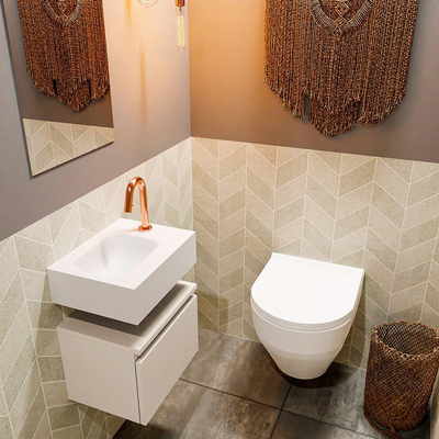 MONDIAZ ANDOR Toiletmeubel - 40x30x30cm - 1 kraangat - 1 lades - linen mat - wasbak links - Solid surface - Wit