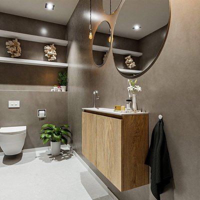 MONDIAZ TURE Fonteinset - 80x23x50cm - 1 kraangat - 2 deuren - washed oak mat - Wasbak links - Solid Surface Wit