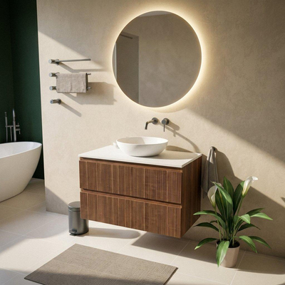 Saniclass Holz Atelier Ensemble de meuble de salle de bains - 100x45x62,5cm - plan de toilette Torino en solid surface blanc - sans trou de robinetterie - 2 tiroirs - noyer pur mat (bois)