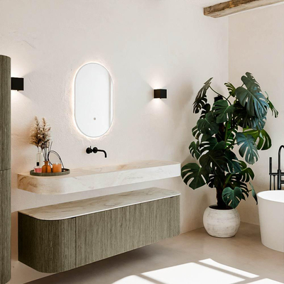 MONDIAZ THOR-DLUX 160cm meuble de salle de bains arrondi gauche + droite couleur Shadow avec 1 tiroir et 2 portes. Vasque suspendue CLOUD Milieu sans trou de robinet couleur Ostra.