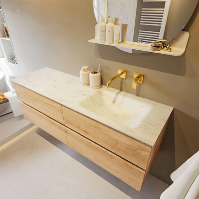 Mondiaz VICA-DLUX ensemble de meuble de salle de bain - 150cm - meuble sous-vasque chêne blanchi - 4 tiroirs - lavabo encastré cloud droite - sans trous de robinet - version haute de 60cm - opalo