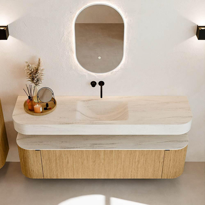 MONDIAZ THOR-DLUX 170cm badmeubel ronding links + rechts kleur Oak met 1 lade en 2 deuren. Vrijhangende wastafel CLOUD Midden zonder kraangat kleur Meli.