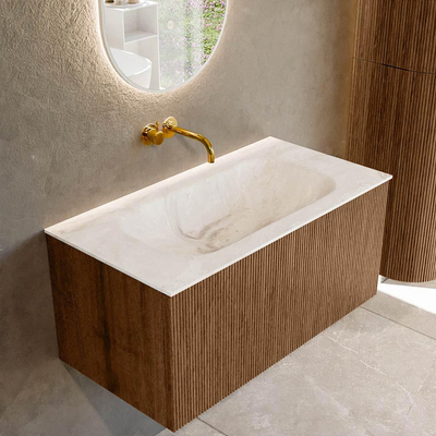 MONDIAZ KURVE-DLUX 90cm Meuble salle de bain - couleur Walnut - 1 tiroir - vasque BIG SMALL centre - sans trou de robinet - couleur Frappe