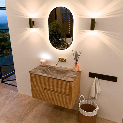 Mondiaz CIRO-DLUX Badkamermeubelset - 80x45x50cm - Solid surface wastafel Oza - 1 wasbak Midden - zonder kraangaten - 2 lades - Oak