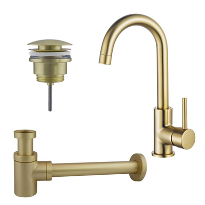 Fortifura Calvi Wastafelkraanset - hoge wastafelkraan - draaibare - uitloop - klikwaste plug - verlaagde design - sifon - PVD - geborsteld messing (goud)