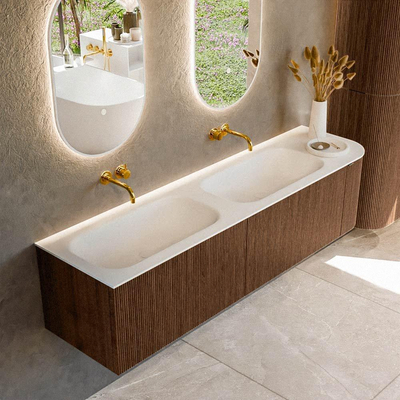 MONDIAZ KURVE 175cm meuble de salle de bains avec module 25 R couleur Walnut avec 2 tiroirs et 1 porte. Lavabo BIG SMALL double / gauche sans trou de robinet Talc.