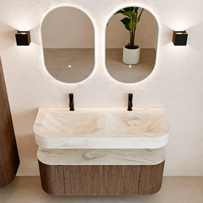 MONDIAZ THOR-DLUX 120cm badmeubel ronding links + rechts kleur Walnut met 1 lade en 2 deuren. Vrijhangende wastafel CLOUD Dubbel 2 kraangaten kleur Ostra.