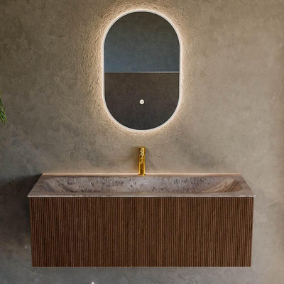 MONDIAZ KURVE-DLUX 120cm badmeubel kleur Walnut met 1 lade en 0 deuren. Wastafel BIG LARGE Midden 1 kraangat Oza.