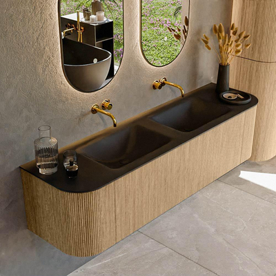 MONDIAZ KURVE 170cm Meuble salle de bain avec module 25 G et D - couleur Oak - 1 tiroir - 2 portes - vasque CLOUD double - sans trous de robinet - Urban