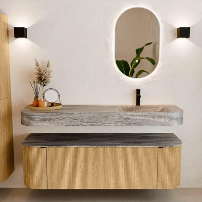 MONDIAZ THOR-DLUX 150cm badmeubel ronding links + rechts kleur Oak met 1 lade en 2 deuren. Vrijhangende wastafel CLOUD Rechts 1 kraangat kleur Oza.