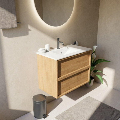 Saniclass Holz Frame Ensemble meuble de salle de bains - 80x45x62cm - Lavabo Vygo en céramique blanc - 1 vasque - 1 trou de robinetterie - 2 tiroirs - chêne natural mat (bois)