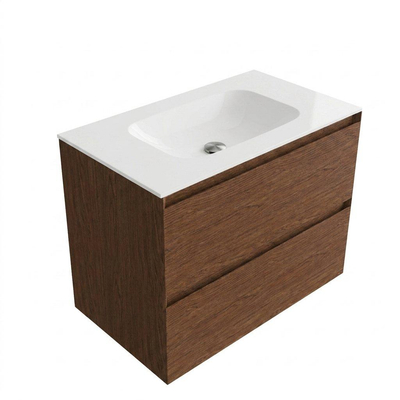 Saniclass Holz Pure Ensemble meuble de salle de bains - 80x45x61.5cm - Flow lavabo en solid surface blanc - 1 vasque - sans trou de robinet - 2 tiroirs - noyer pure mat (bois)