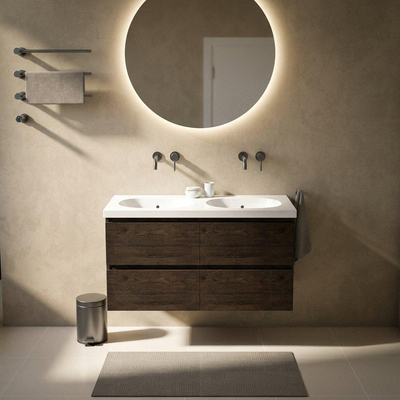 Saniclass Holz Pure Ensemble meuble de salle de bains - 120x45x63.5cm - lavabo Palermo en céramique blanc - 2 vasques - sans trous de robinet - 4 tiroirs - chêne charcoal mat (bois)