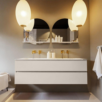 Mondiaz VICA-DLUX Ensemble de meuble de salle de bain - 150cm - meuble sous-vasque lin - 2 tiroirs - lavabo encastrée cloud double - sans trous de robinet - version haute de 60cm - glace