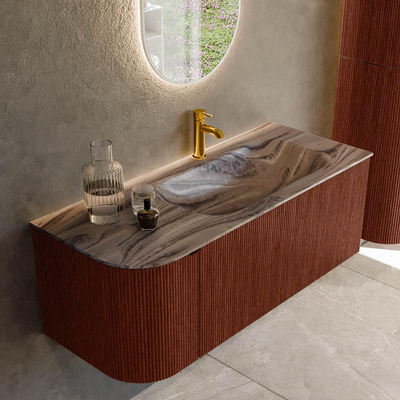 MONDIAZ KURVE-DLUX 115cm badmeubel ronding Links kleur Ruby met 1 lade en 1 deur. Wastafel BIG SMALL Rechts 1 kraangat Sombra.