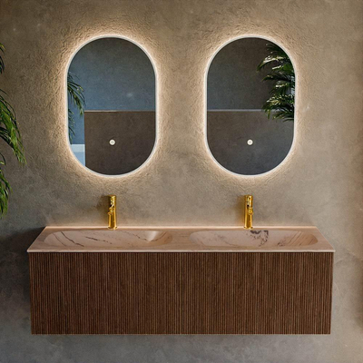 MONDIAZ KURVE-DLUX Meuble de salle de bains 140cm couleur Walnut avec 2 tiroirs et 0 porte. Lavabo STOR SMALL Double 2 trous de robinet Arena.