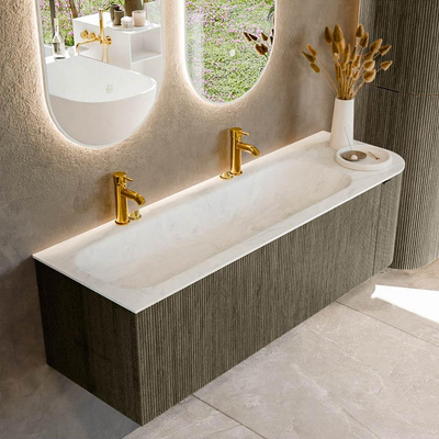 Mondiaz KURVE-DLUX Badkamermeubelset - 145x46x40cm - 1 lade - 1 deur - wastafel solid surface - links - 2 kraangaten - Shadow
