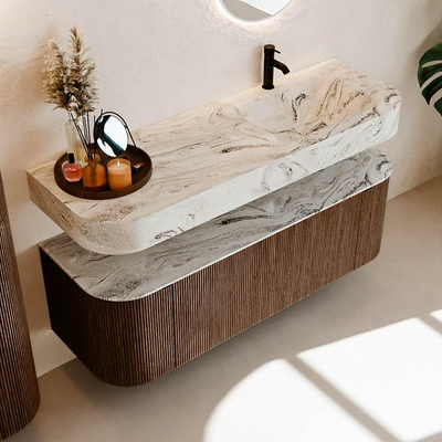 MONDIAZ THOR-DLUX 140cm meuble de salle de bains arrondi gauche + droite couleur Walnut avec 1 tiroir et 2 portes. Vasque suspendue CLOUD droite 1 trou de robinet couleur Glace.