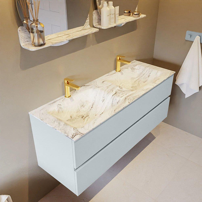 MONDIAZ VICA-DLUX Ensemble de meuble de salle de bains - 130cm - meuble bas clay - 2 tiroirs - lavabo encastré cloud double - 2 trous de robinet - version haute 60cm - glace