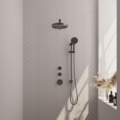 BRAUER Stripe Thermostatische Inbouw Regendouche - SET 10 - 25cm douchekop - rechte muurarm - 3-standen handdouche - doucheslang - geïntegreerde glijstang - gunmetal geborsteld PVD