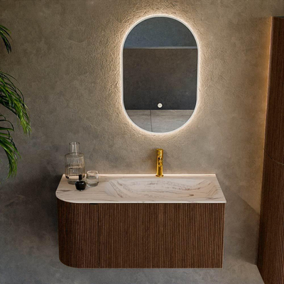 MONDIAZ KURVE-DLUX Meuble de salle de bains 95cm arrondi à gauche couleur Walnut avec 1 tiroir et 1 porte. Lavabo BIG SMALL à droite 1 trou de robinet Nata.
