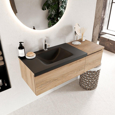 MONDIAZ BUKLA 120cm meuble de salle de bain avec module 40 couleur Chêne blanchi avec 2 tiroirs. Lavabo CLOUD à gauche 1 trou de robinet couleur Urbaine.