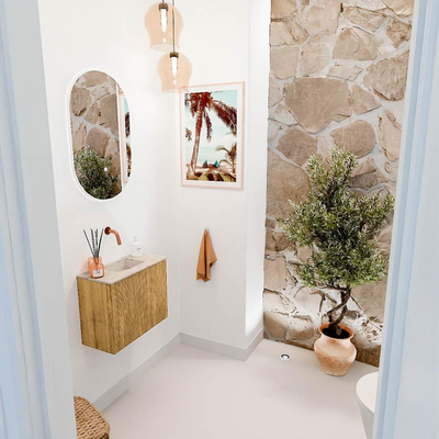Mondiaz JOYA-DLUX 50cm toiletmeubel - kleur Oak - Wastafel FAYE positie Midden Zonder kraangat kleur Frappe.